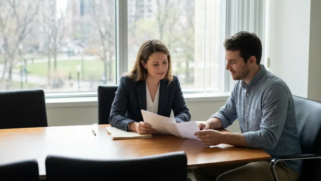A family law attorney explaining a legal document to a client