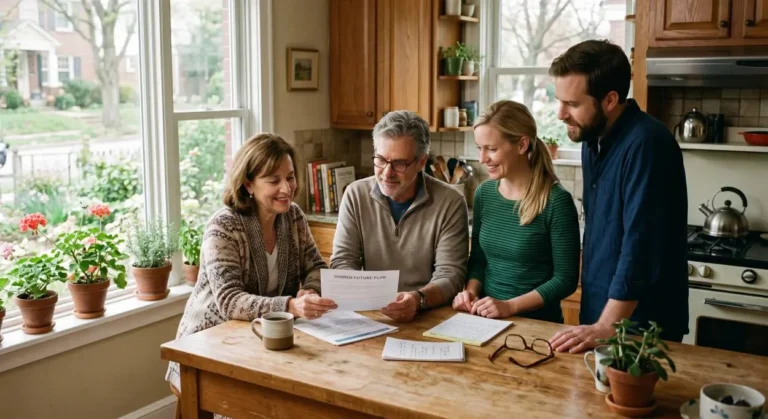 Home 2 a family gathered around a kitchen table in a comfortably lived-in Germantown home, looking at estate planning documents