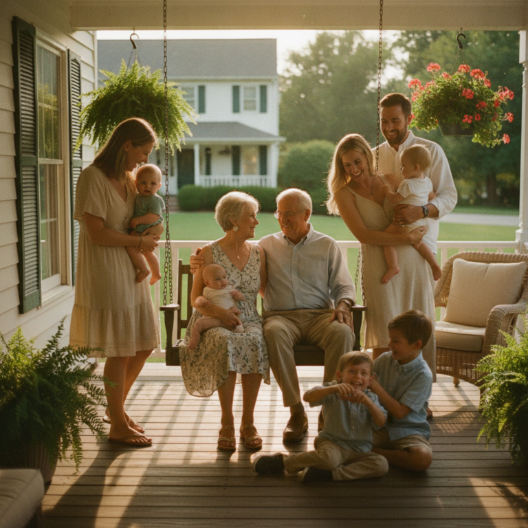 Home 3 multi-generational family on the porch of their well-maintained, comfortable suburban home
