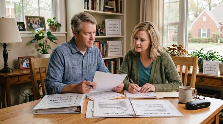 Home 59 A married couple reviewing their estate plan together at their dinning room table