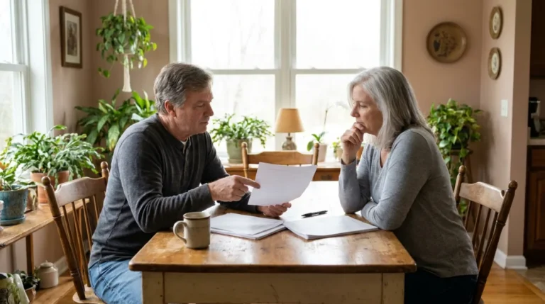 Home 57 Older couple at a kitchen table reviewing two stacks of estate planning documents