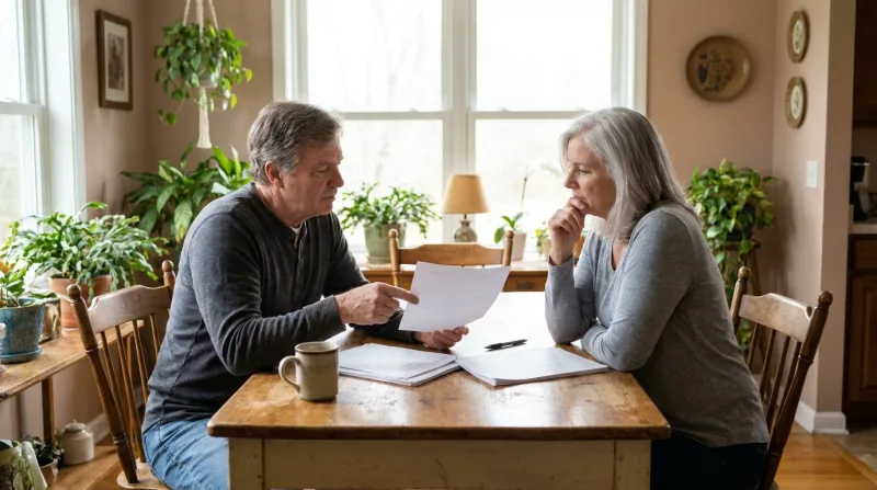 Older couple at a kitchen table reviewing two stacks of estate planning documents